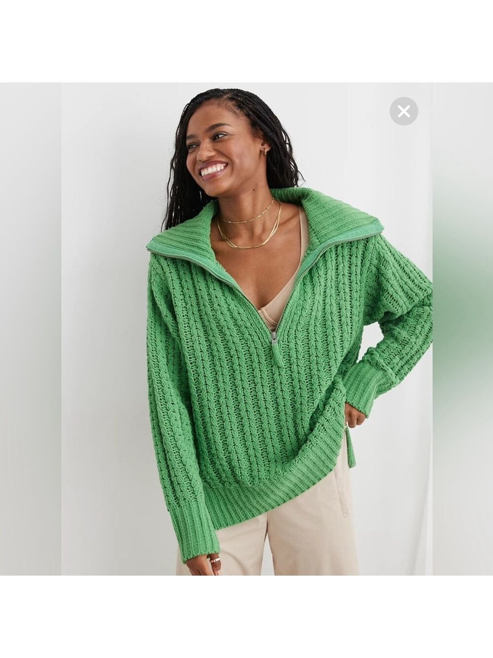 Aerie Cable Car Quarter Zip Green Oversized Sweater size XXS